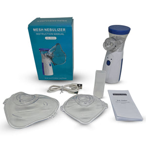 Sahyog Wellness Handheld Portable Silent Mesh Nebulizer with Adult and Child Mask, USB Charging Cable for House & Travel Purpose (White & Blue)