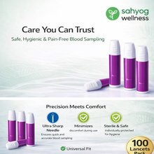 Load image into Gallery viewer, Sahyog Wellness Single Use Sterile Disposable Safety Lancet Device Needles Glucometer - Pack of 100 Pieces (Color May Vary)