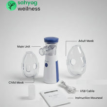 Load image into Gallery viewer, Sahyog Wellness Handheld Portable Silent Mesh Nebulizer with Adult and Child Mask, USB Charging Cable for House &amp; Travel Purpose (White &amp; Blue)