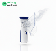Load image into Gallery viewer, Sahyog Wellness Handheld Portable Silent Mesh Nebulizer with Adult and Child Mask, USB Charging Cable for House &amp; Travel Purpose (White &amp; Blue)