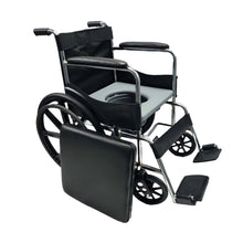 Load image into Gallery viewer, Sahyog Wellness Mag Wheel Steel Commode Foldable Wheelchair with Upto 100 KG capacity (Black)