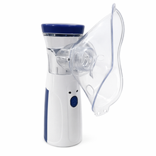 Load image into Gallery viewer, Sahyog Wellness Handheld Portable Silent Mesh Nebulizer with Adult and Child Mask, USB Charging Cable for House &amp; Travel Purpose (White &amp; Blue)