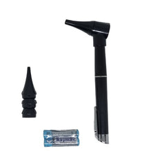 Load image into Gallery viewer, Sahyog Wellness Mini ENT PVC Pen Shaped Otoscope with Three Attachment Funnel Shape Shine Beam Flash Light, Clear Visibility Diagnostic Optical Pen (Black)